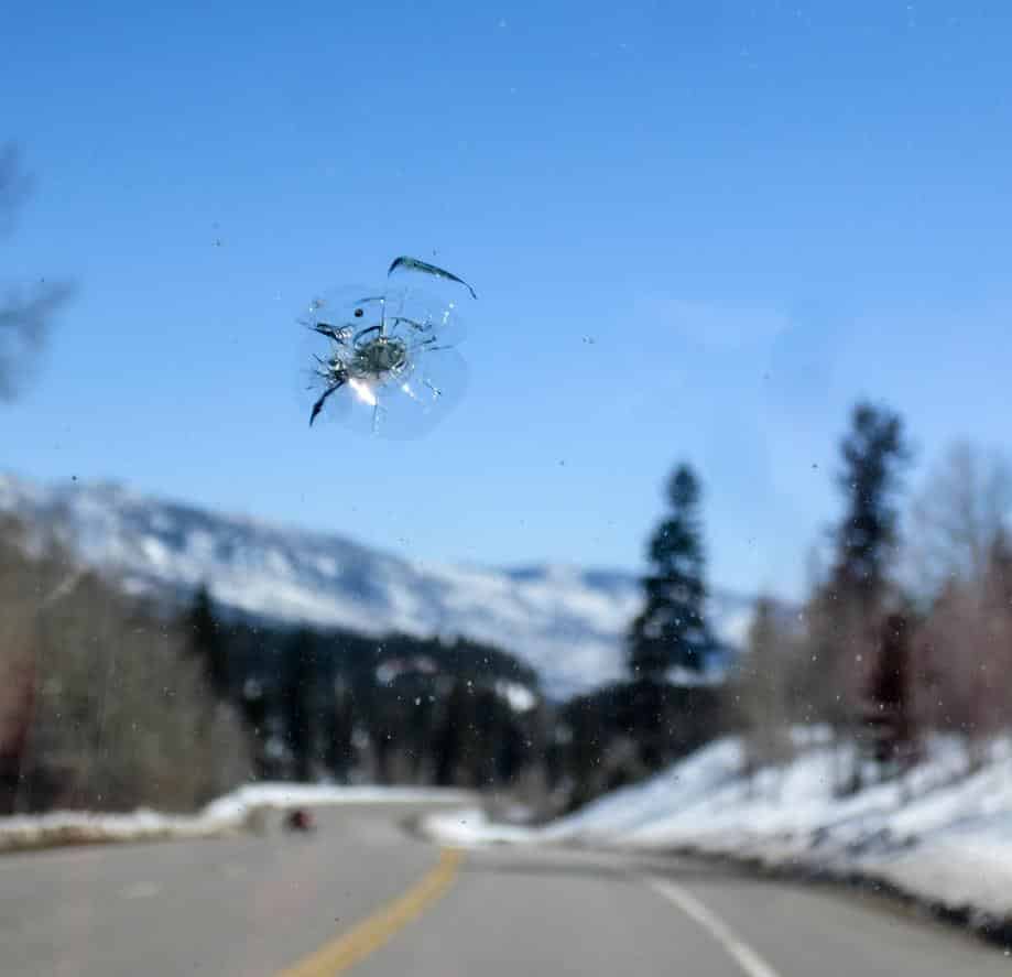 Close up on a windshield chip